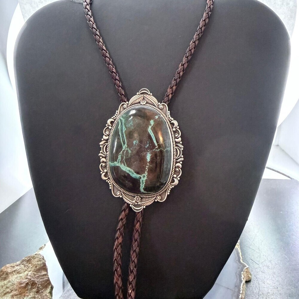 Sterling Southwestern Style Oval Large Chrysocolla Bolo Tie For Men - Picture 2 of 10